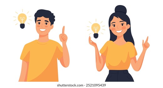 Homem e mulher com símbolo de ideia de lâmpada. Ótimo conceito de ideia. Caracteres com Lightbulb Overhead. Jovens Sorrindo pessoas tendo uma boa ideia. Ilustração plana de vetor de desenhos animados