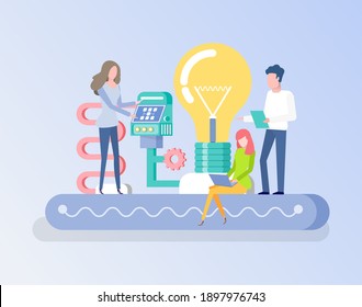 Man and woman with lightbulb vector, people working on development of project, electric bulb with tubes standing pedestal flat style lady with laptop