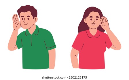 Man and Woman Listening to Something by Putting Hand on the Ear