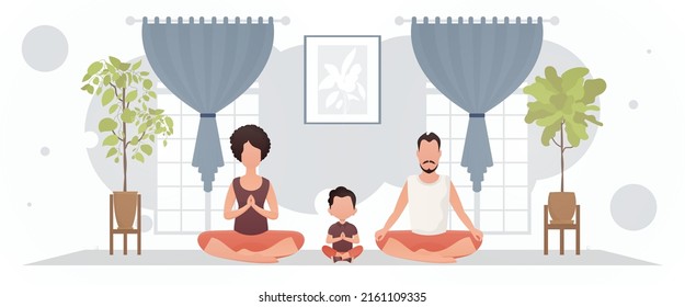 A man and a woman with a little boy are doing yoga in the lotus position in the room. Yoga. Cartoon style. Vector illustration