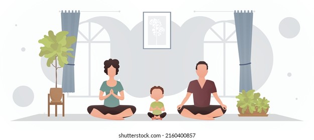 A man and a woman with a little boy are sitting in a lotus position in a room. Meditation. Cartoon style. Vector illustration