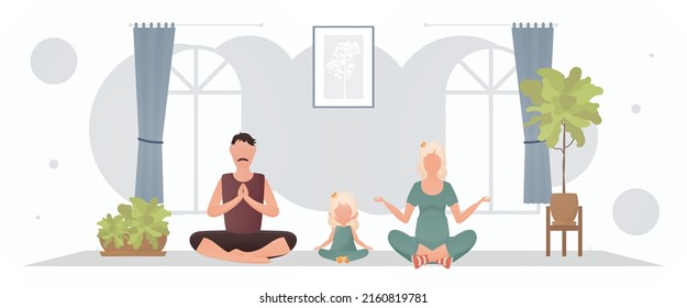 A man with a woman and a little girl are doing yoga in the room. Meditation. Cartoon style. Vector illustration