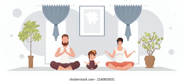 A man with a woman and a little girl are doing meditation in the lotus position in the room. Meditation. Cartoon style. Vector illustration