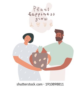 Man and woman with little plant in the flower pot , handwritten motivational quote : grow your love. Vector illustration