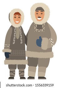 Man and woman living in north smiling. Isolated couple wearing warm clothes, jackets with fur and heavy hoods. Female and male at wintertime standing outdoors. Vector in flat style illustration