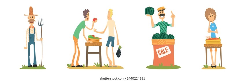 Man and Woman Local Farmer Character with Crop Vector Set