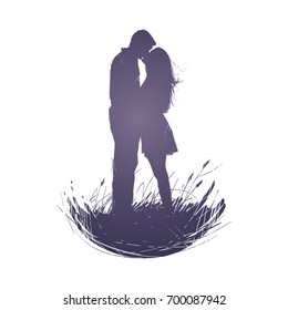 Man and a woman with long hair stand and kiss. Silhouette. A sketch. Handmade