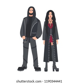 Man and woman with long loose hair dressed in black leather clothes isolated on white background. Counterculture or subculture of heavy metal music fans. Flat cartoon colorful vector illustration.