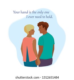 Man and woman look at each other with sympathy holding hands standing with their backs to the viewers.  Vector illustration with texture. Cartoon characters for the feast of Saint Valentine with text