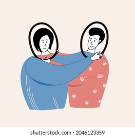 El hombre y la mujer se miran y ven reflejo de los suyos. Empatía de relación, codependencia, adicción y concepto de psicología. Dibujo vectorial plano de dibujos animados