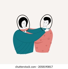 El hombre y la mujer se miran y ven reflejo de los suyos. Empatía de relación, codependencia, adicción y concepto de psicología. Dibujo vectorial plano de dibujos animados