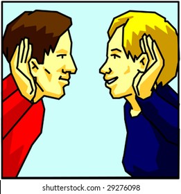 man and woman look and hear each other