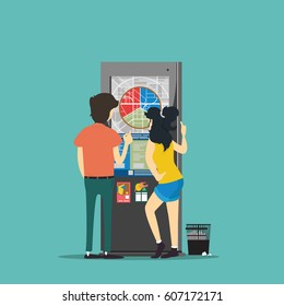 man and woman look at information terminal. Vector illustration.