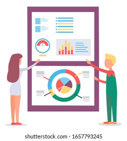 Man and woman look on statistics diagrams and charts. Project metrics on presentation. Big board with financial and analytics information on colorful graphics. Vector illustration of working process