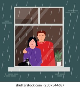 A man and a woman look at the rain from their window.  Rainy weather does not allow them to walk. Vector illustration.