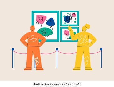 Man and woman looking at abstract paintings. Exhibition and museum, cultural recreation. Colorful vector illustration
