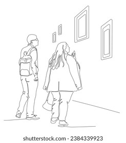Man and woman looking at art picture in gallery. Single line drawing. Black and white vector illustration in line art style.