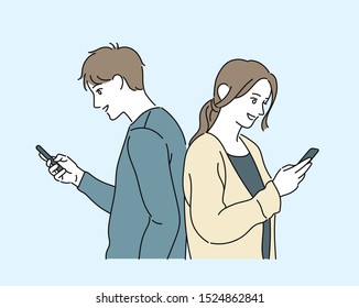 A man and a woman are looking back at each other while turning their backs. hand drawn style vector design illustrations. 