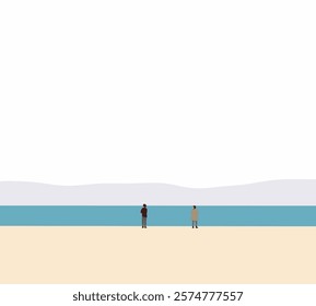 Man and woman looking at beautiful view on the tropical beach. Holiday vacation and tourism. Minimal design.