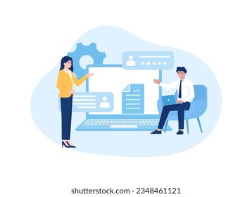 ein Mann und eine Frau schauen sich ein Computerbildschirm-Trendkonzept an, flache Illustration