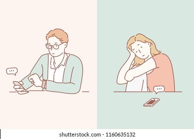 A man and a woman are looking at each other and waiting for each other 's call. hand drawn style vector design illustrations.