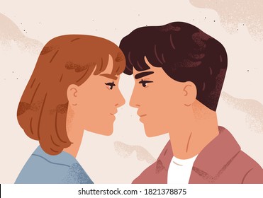 El hombre y la mujer mirándose el uno al otro sintiendo amor vectorial ilustración plana. Una pareja encantada antes del primer beso. Cara de perfil de hombres y mujeres en una cita romántica. Concepto de pasión y relación