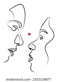 Man and Woman Looking at each other with a Red Heart in the Middle in Minimal One Line Art Drawing