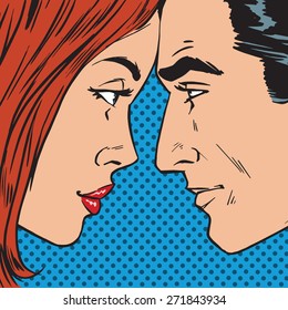 Man and woman looking at each other face to face pop art comics retro style Halftone. Imitation of old illustrations