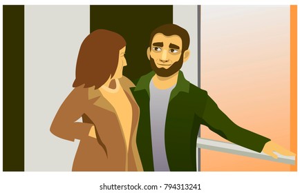 man and woman looking at each other. social poster. vector illustration