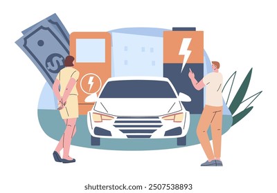 Man woman looking electric car. Dealer advertises environmentally friendly vehicle, saving energy and money. Vector eco concept, conscious consumption and technologies