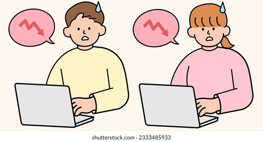 Man And Woman Looking At Falling Graph. Simple Style Vector illustration.