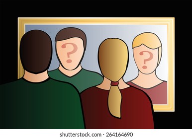 A man and a woman are looking into the mirror asking "Who are we?". In their face is a big question mark to bring ones consciousness into question. Isolated vector illustration on black background. 