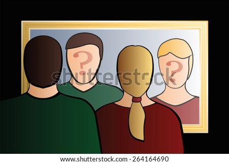 A man and a woman are looking into the mirror asking "Who are we?". In their face is a big question mark to bring ones consciousness into question. Isolated vector illustration on black background. 