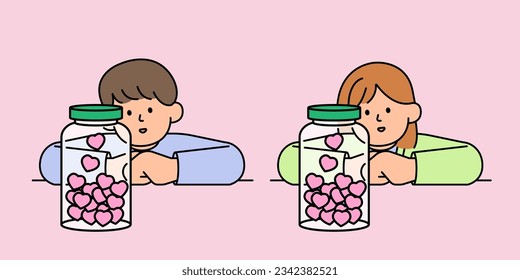 Man and Woman Looking at the Jar of Love. Simple Style Vector illustration.