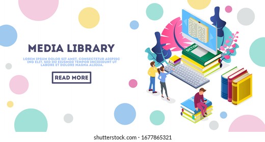 Man and woman looking to monitor of big computer, reading information. Guy sitting on pile of books with mobile phone. Media library isometric vector for web, landing page. Place for text, copy space.