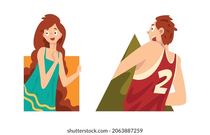 Man and Woman Looking Out from Geometric Shape Vector Set