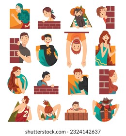 Man and Woman Looking Out from Geometric Shape and Brick Wall and Corner Big Vector Set