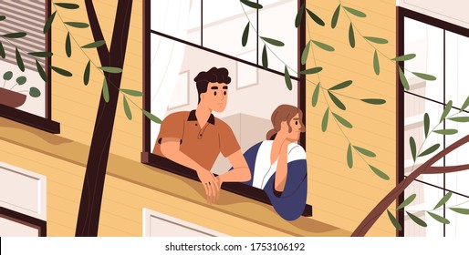 Man And Woman Looking Out The Window, Breathing Fresh Air, Thinking And Contemplating. People Stay At Home During Quarantine And Enjoying Good Spring Weather. Vector Illustration In Flat Cartoon Style