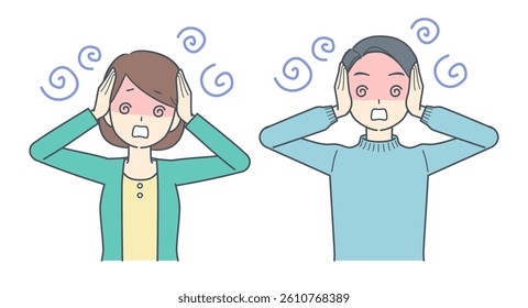 A man and woman looking overwhelmed,holding their heads with spiral effects,symbolizing stress,confusion,or mental pressure.