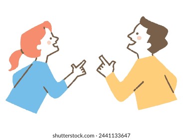 Man and woman looking up with pointing fingers_Color