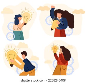 A man and a woman is looking for a solution to a problem,holding a light bulb in her hand as a symbol of brilliant ideas and achieving their goals.The concept of business,finding ideas, understanding
