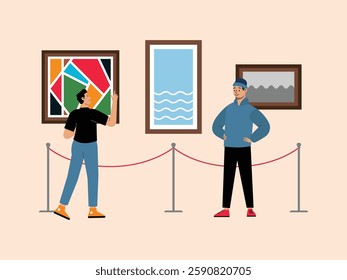 Man and a woman are looking at some handicraft paintings in the exhibition, the man is also taking a photo in front of the painting.
design, vector, illustration