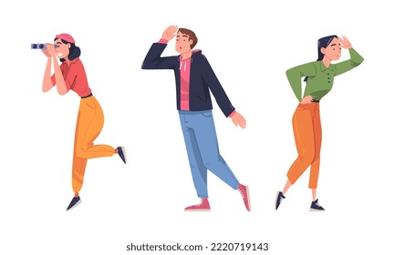 Man and Woman Looking at Something Interesting Holding Hand Against Forehead and with Binoculars Vector Set