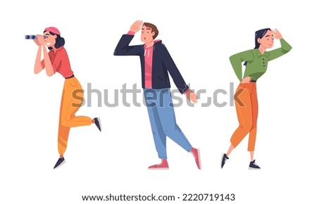 Man and Woman Looking at Something Interesting Holding Hand Against Forehead and with Binoculars Vector Set