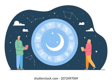 Hombre y mujer mirando los signos estelares en el cielo y leyendo el horóscopo. Pequeñas personas y conjunto de constelaciones de zodiaco ilustración vectorial plana. Astrología y astronomía, concepto de diseño de ornamentos esotéricos