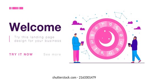 Man and woman looking at star signs in sky and reading horoscope. Tiny people and set of zodiac constellations flat vector illustration. Astrology and astronomy, esoteric ornaments design concept