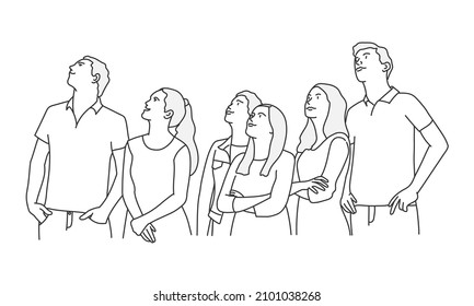 Man and woman, looking up with surprised expression. Advertising and events. Hand drawn vector illustration. Black and white.