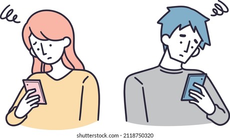 A man and a woman looking at their phones and worrying about their long-distance relationship Simple illustration