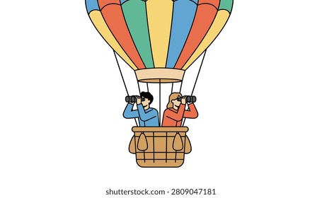 Man and woman looking through binoculars while riding in a colorful hot air balloon drifting across the sky illustration.