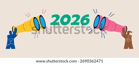 Man and woman looking through a telescope. Future goals 2026 concept. Colorful vector illustration